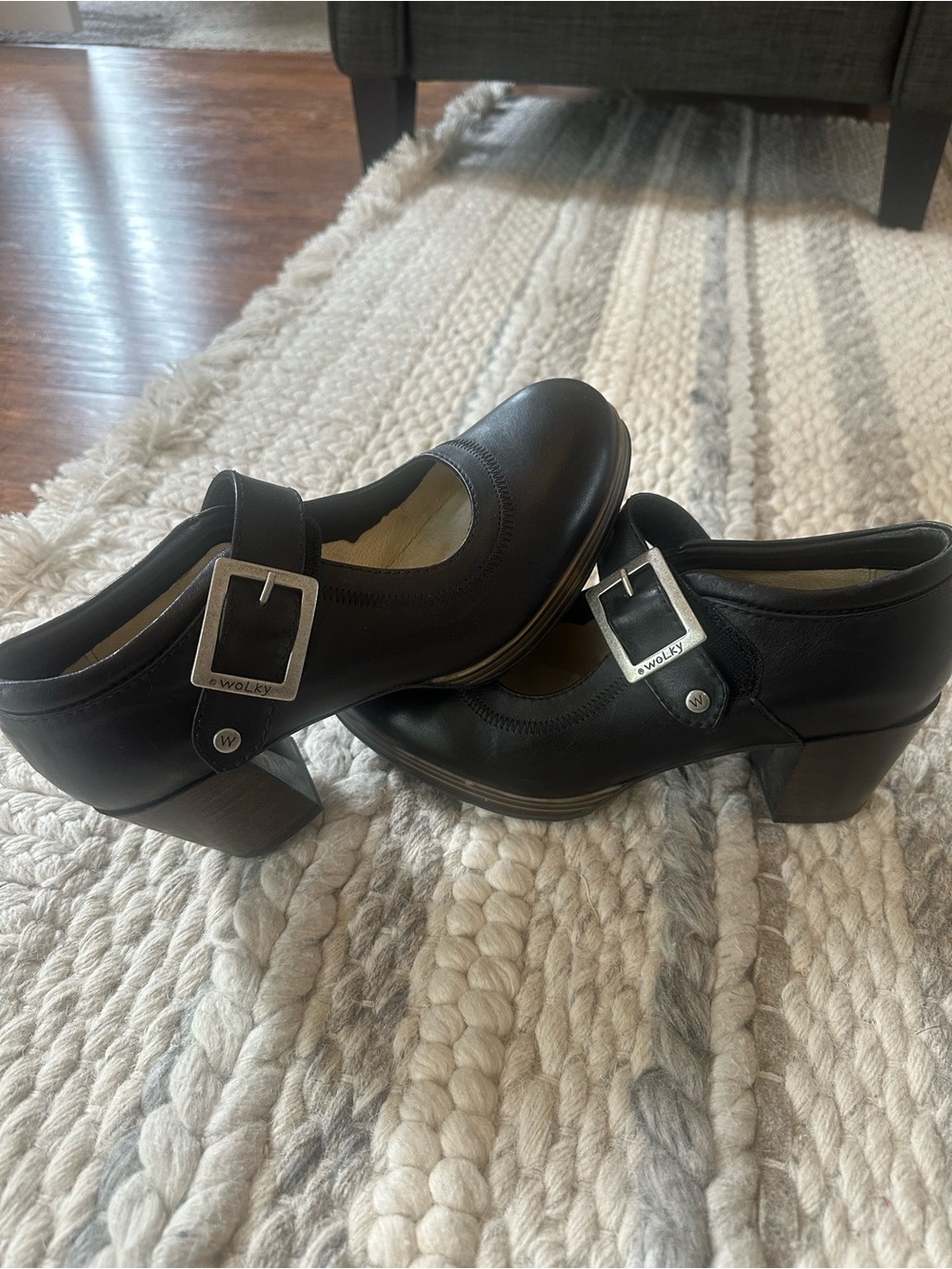Wolky Black Leather Mary Jane Block Heels with Silver Buckles
